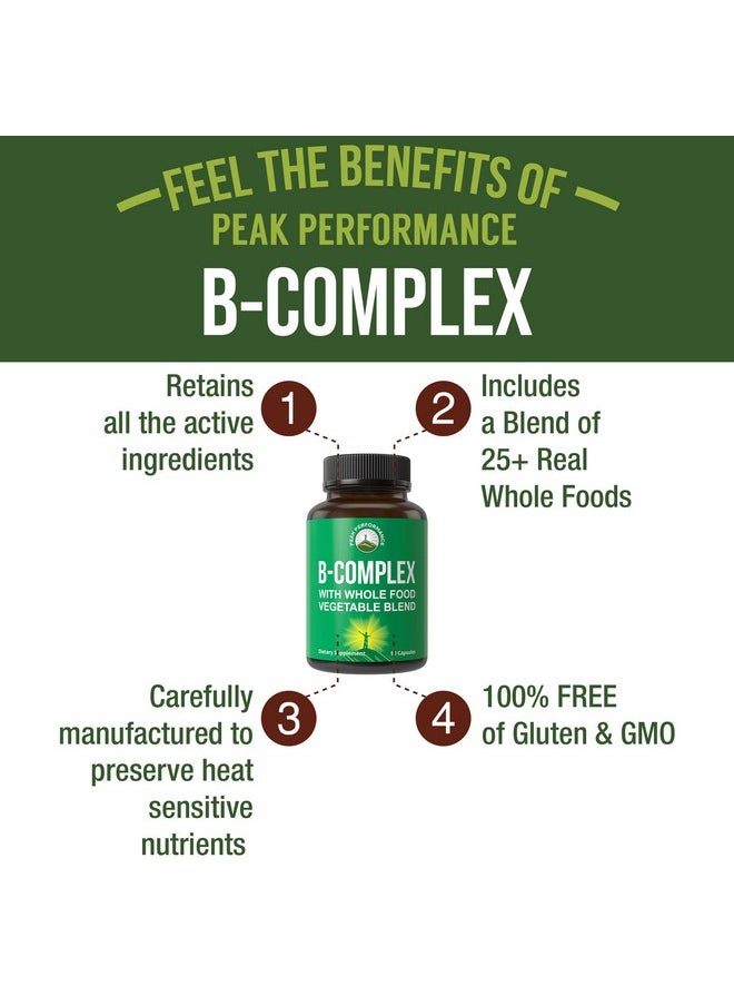 Peak Performance Vitamin B Complex Capsules + Whole Food Blend of 25 Vegetables and Fruits for Max Absorption. Best Vegan B-Complex Supplement with Vitamin B1, B2, B3, B5, B6, B7, B9 and B12. 90 Capsules. Energy Boost  - Image 1