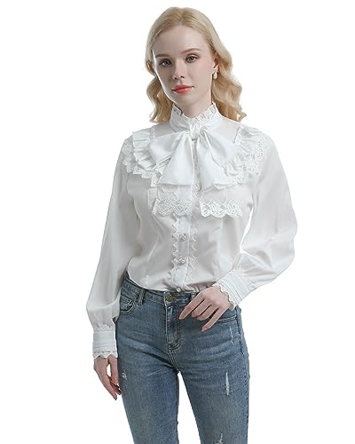 Nuoqi Women Lolita Lace Stand-Up Collar White Lotus Ruffle Shirt Retro Victorian Blouse GC238A, A-white, XX-Large - Image 3