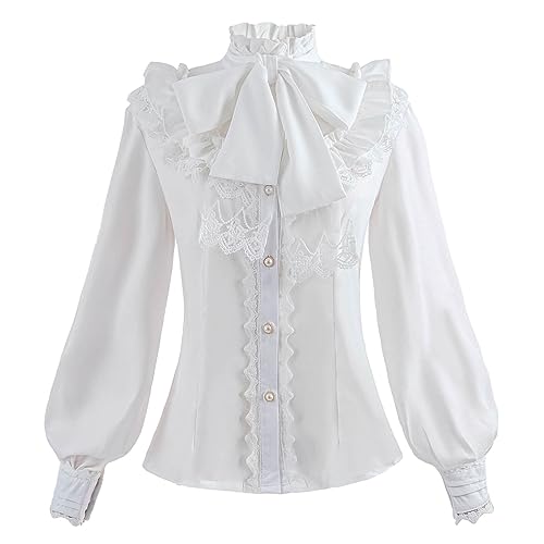 Nuoqi Women Lolita Lace Stand-Up Collar White Lotus Ruffle Shirt Retro Victorian Blouse GC238A, A-white, XX-Large - Image 5