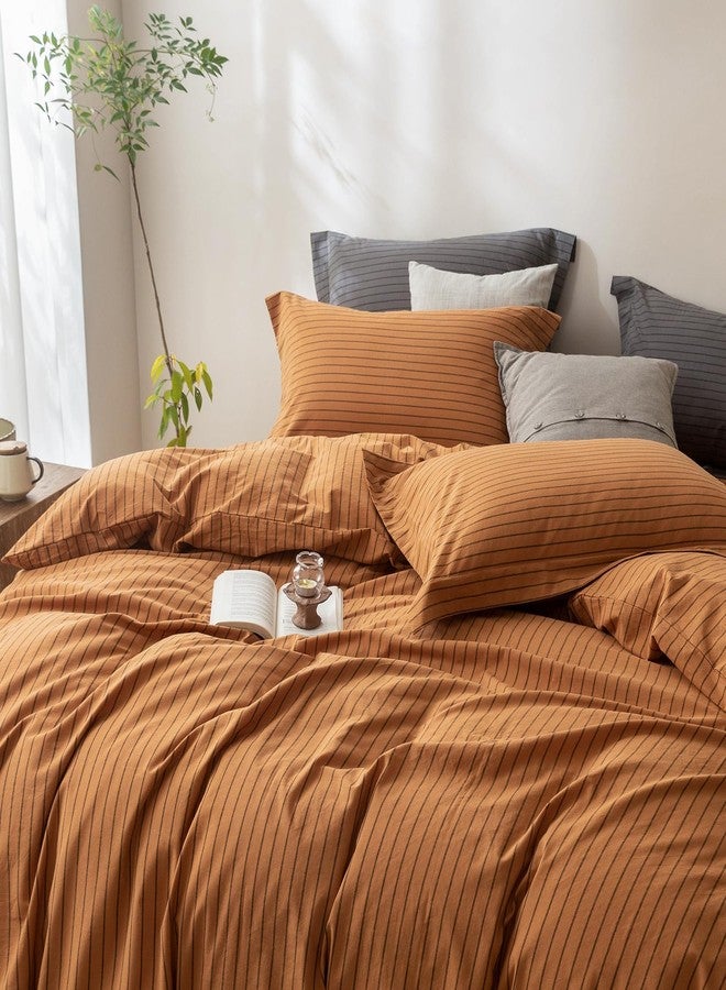 BDEAR Pinstripe Duvet Cover Queen Size 90x90in, 100% Washed Cotton Duvet Cover with Zipper Closure and 2 Pillowcases, Stripe: Burnt Orange-Black - Image 2