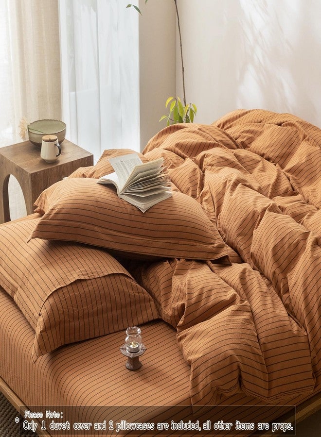 BDEAR Pinstripe Duvet Cover Queen Size 90x90in, 100% Washed Cotton Duvet Cover with Zipper Closure and 2 Pillowcases, Stripe: Burnt Orange-Black - Image 4