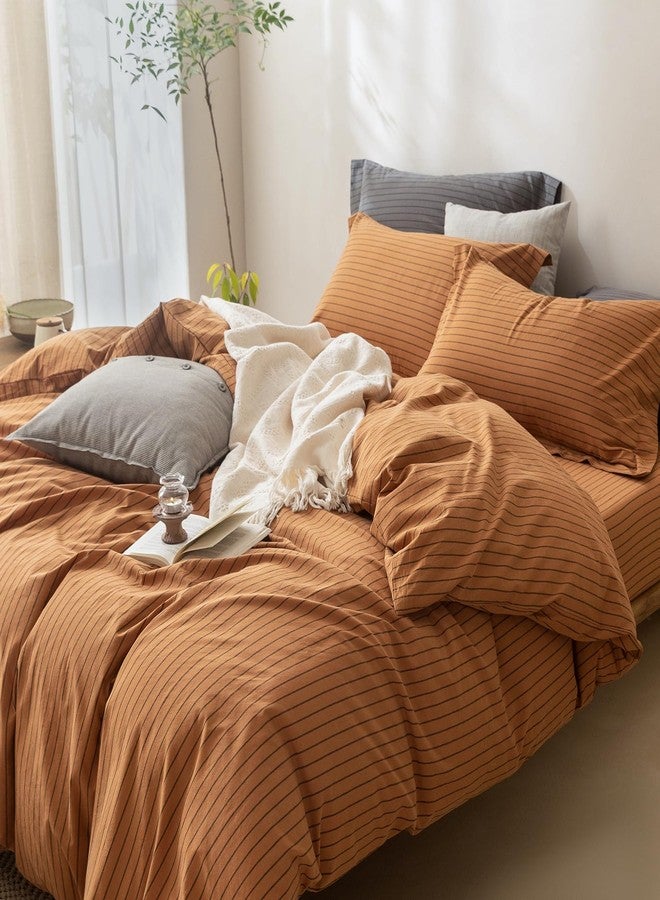 BDEAR Pinstripe Duvet Cover Queen Size 90x90in, 100% Washed Cotton Duvet Cover with Zipper Closure and 2 Pillowcases, Stripe: Burnt Orange-Black - Image 5