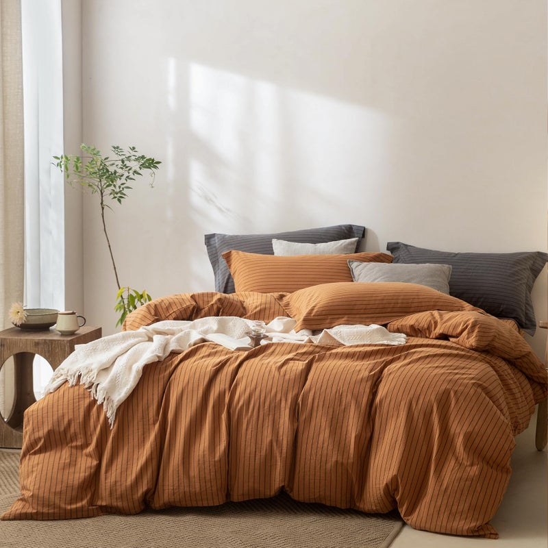 BDEAR Pinstripe Duvet Cover Queen Size 90x90in, 100% Washed Cotton Duvet Cover with Zipper Closure and 2 Pillowcases, Stripe: Burnt Orange-Black - Image 1