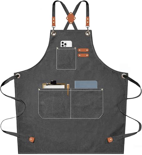 AFUN Chef Aprons for Men Women with Large Pockets, Cotton Canvas Cross Back Heavy Duty Adjustable Work Apron, Size M to XXL(Grey) - Image 1