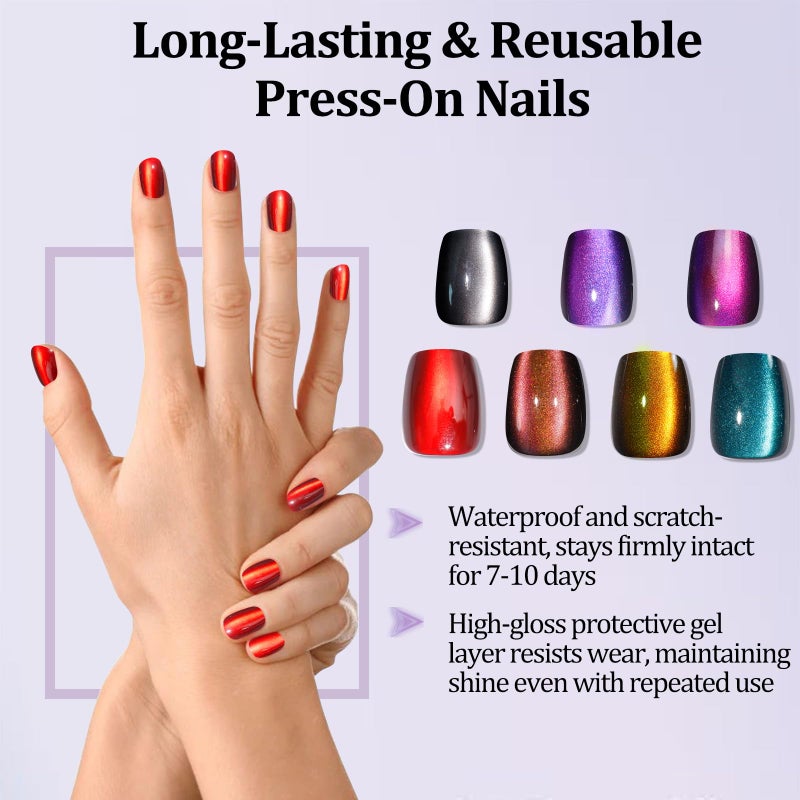 Laza 210pcs Cat Eye Press on Nails for Women 7 Colors Short Square Reusable Nail Tips in 15 Sizes Long Lasting Salon Fake Nails Stick on Artificial Acrylic False Nail Tips â€” Chameleon Series - Image 3