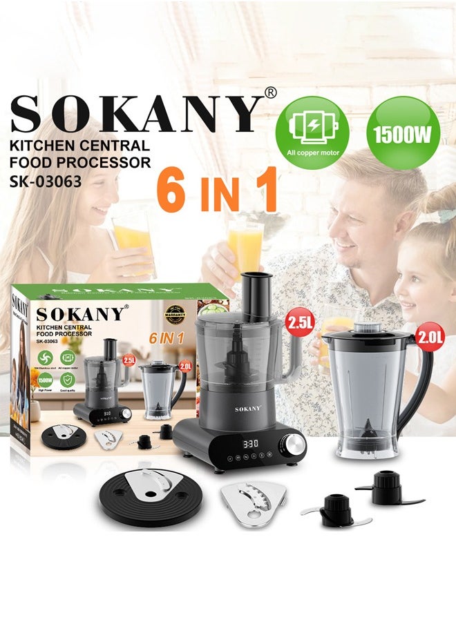 1500W Food Processor & Vegetable Chopper,2L Processing Bowl+2L Juicer Blender,French-Fry-Cutter, Stepless Speed,Digital Timer,Large Feed Chute,Ice Creshing,Chopping, Shredding, Slicing and Doughing,SK-03063