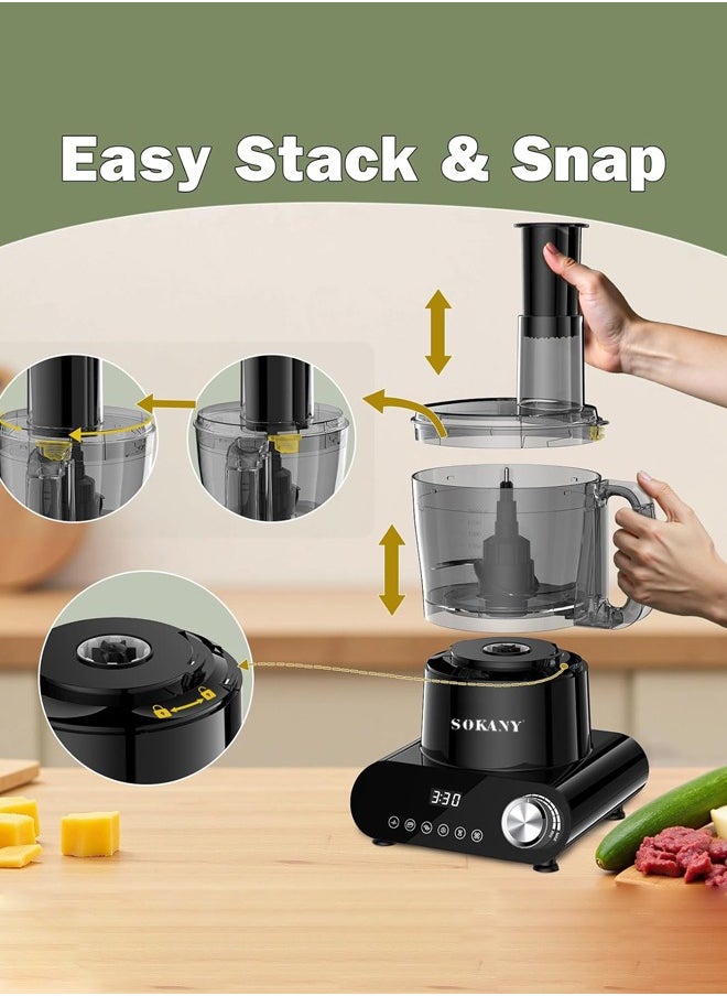 1500W Food Processor & Vegetable Chopper,2L Processing Bowl+2L Juicer Blender,French-Fry-Cutter, Stepless Speed,Digital Timer,Large Feed Chute,Ice Creshing,Chopping, Shredding, Slicing and Doughing,SK-03063