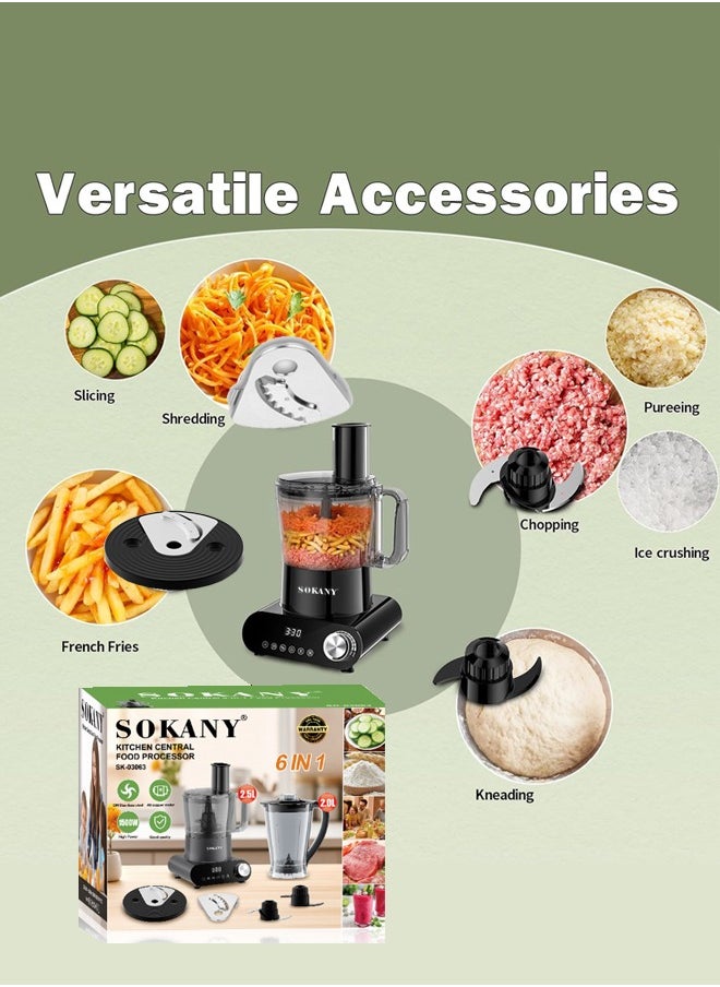 1500W Food Processor & Vegetable Chopper,2L Processing Bowl+2L Juicer Blender,French-Fry-Cutter, Stepless Speed,Digital Timer,Large Feed Chute,Ice Creshing,Chopping, Shredding, Slicing and Doughing,SK-03063