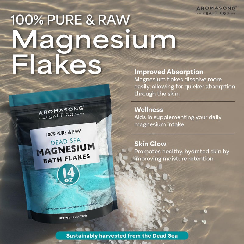 Aromasong Magnesium Flakes from The Dead Sea, 14 OZ. Resealable Pack- Muscle Relaxing Magnesium Chloride Bath Salts Soak. - Image 3
