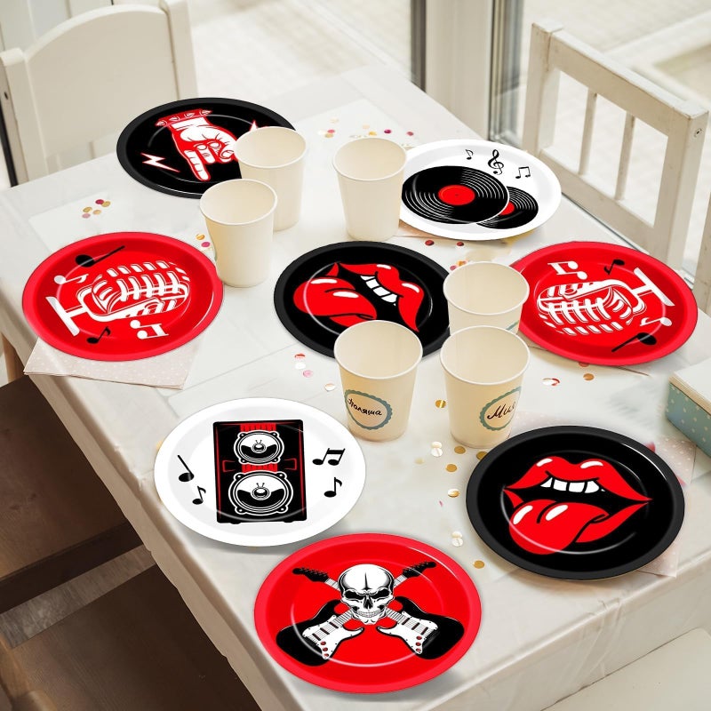 CHUNNIN 60Pcs Rock Theme Party Paper Plates for Music Birthday 9in 1950's Record Party Disposable Dessert Cake Tableware Dinnerware Set for Kids Baby Shower Decoration Anniversary 50s 60s Theme Party Supplies - Image 5