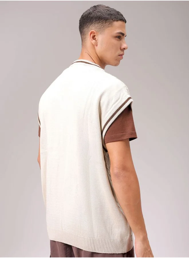 The Indian Garage Co Men Oversized Textured V-Neck Sweater