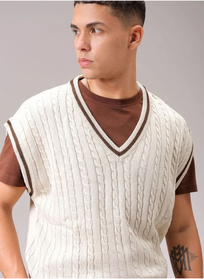 The Indian Garage Co Men Oversized Textured V-Neck Sweater