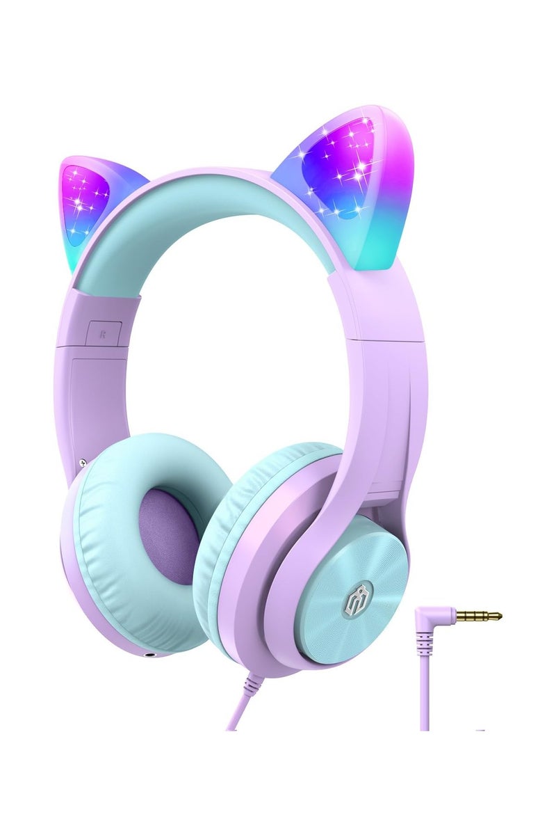 iClever Kids Headphones with Cat Ear Led Light Up, Safe Volume Limite Kids Wired Headphones with FunShare Foldable Over-Ear Headphones for Kids/School/Travel - Image 1