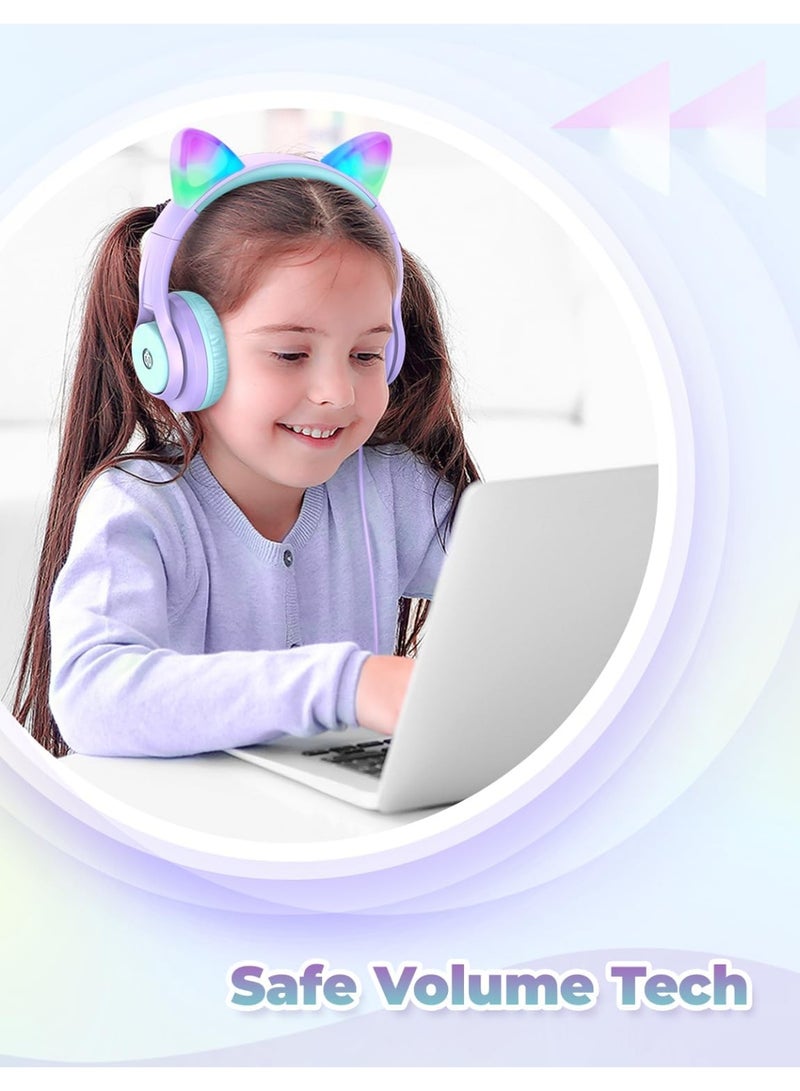 iClever Kids Headphones with Cat Ear Led Light Up, Safe Volume Limite Kids Wired Headphones with FunShare Foldable Over-Ear Headphones for Kids/School/Travel - Image 2