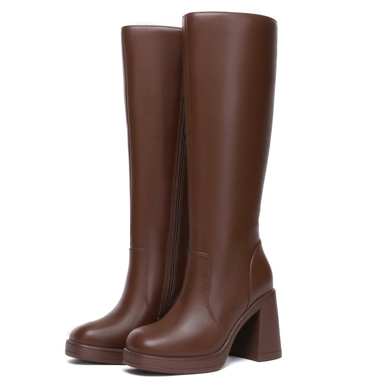 Athlefit Brown Boots Women Fall Knee High Platform Boots Waterproof Leather Chunky Blocked Booties Size 6.5 - Image 5
