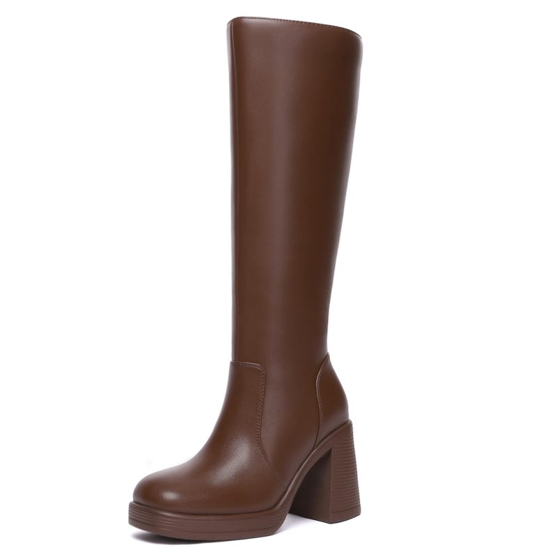 Athlefit Brown Boots Women Fall Knee High Platform Boots Waterproof Leather Chunky Blocked Booties Size 6.5 - Image 1