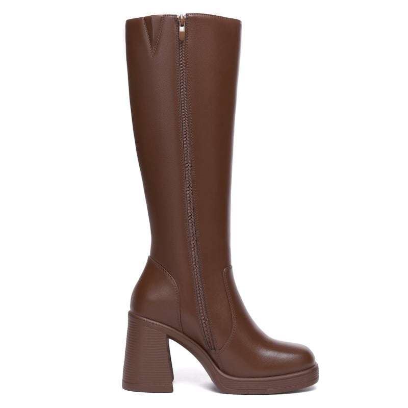 Athlefit Brown Boots Women Fall Knee High Platform Boots Waterproof Leather Chunky Blocked Booties Size 6.5 - Image 4