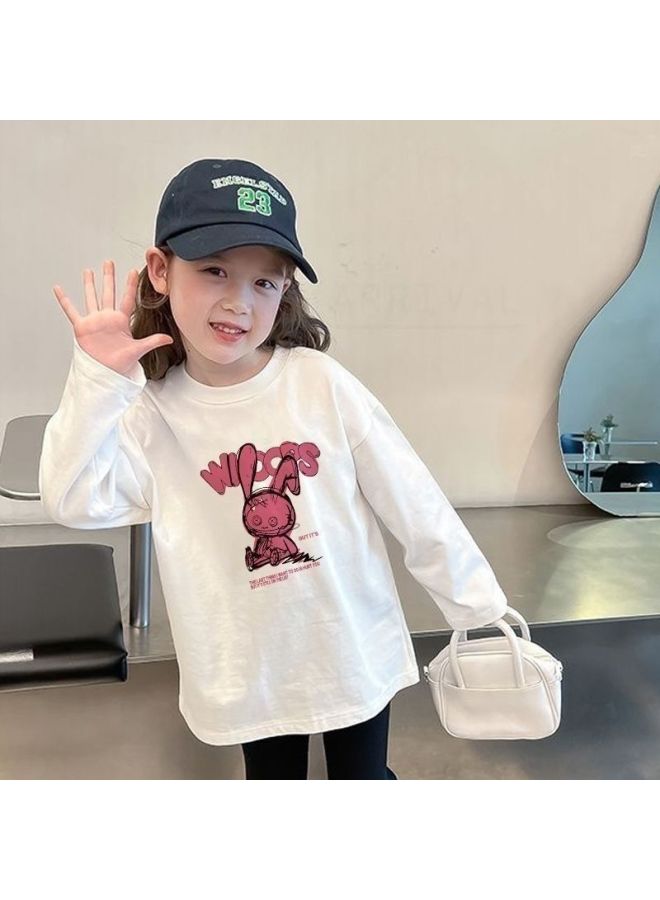 Girls' Long-sleeved Tops Spring & Fall New White Cartoon Printed Round Neck Tops Baby Fashionable Casual Bottoming Shirts