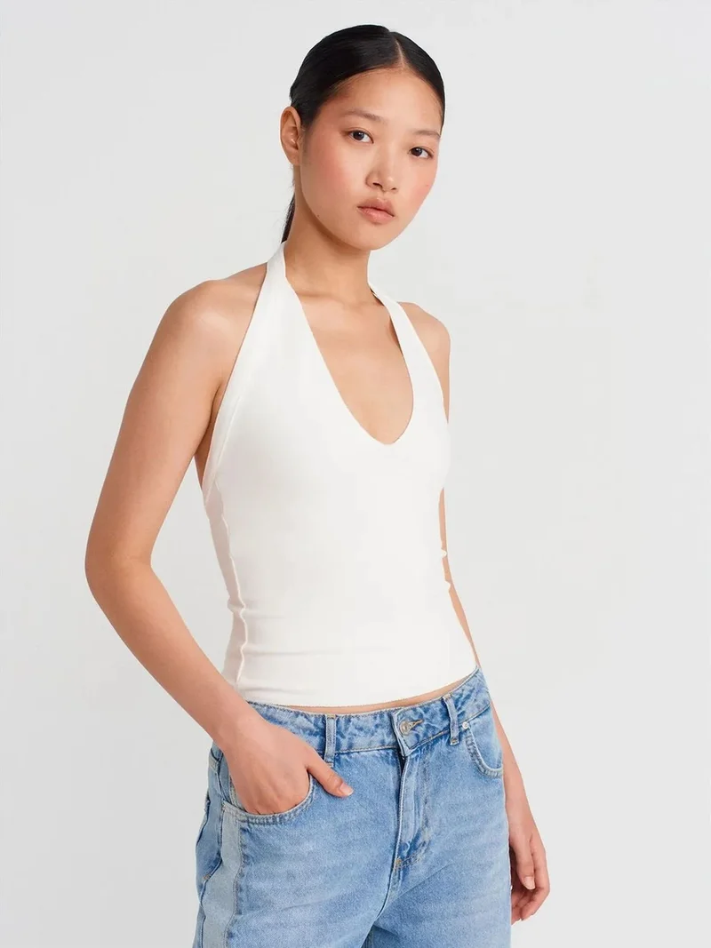ديلفين Dilvin Slim Fit Halterneck Cut-Out Blouse