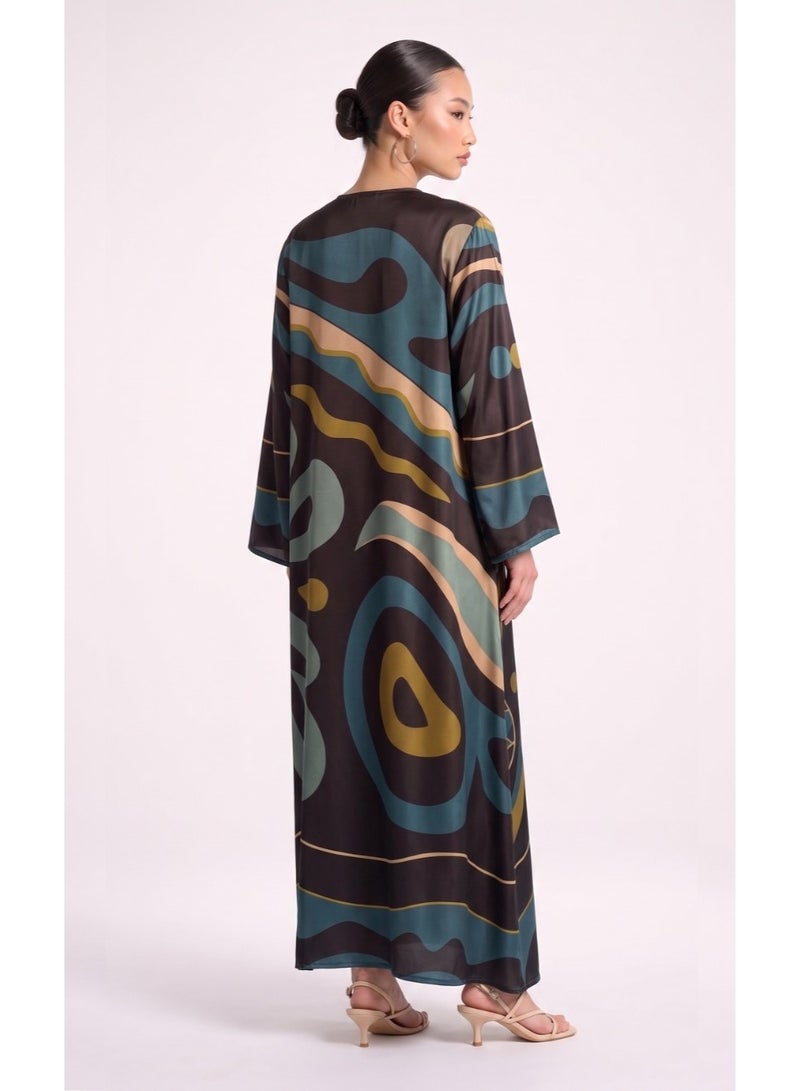 Next Abaya Geometric Printed Silk Open Abaya Brown and Teal Patterned - Image 2
