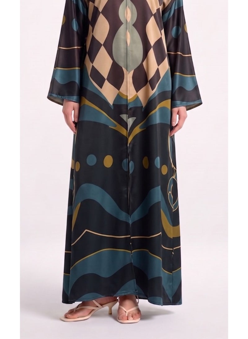 Next Abaya Geometric Printed Silk Open Abaya Brown and Teal Patterned - Image 3