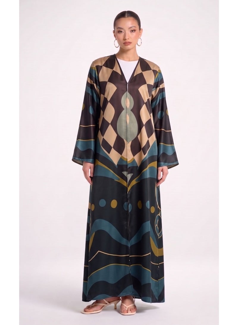 Next Abaya Geometric Printed Silk Open Abaya Brown and Teal Patterned - Image 1