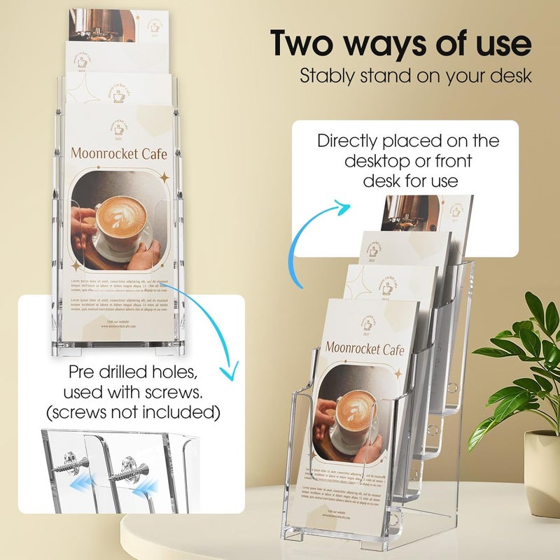 MaxGear Acrylic Brochure Holder, 4 Inch Wide 4 Tier Clear Literature Display Stand Premium Plastic Pamphlet Holder, Multi Pocket Wall Mount or Countertop Organizer for Office or Home, 3 Pack - Image 4