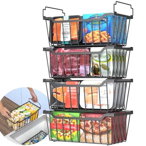 Goovilla Freezer Organizer Bins with Foldable Handle, 4 Pack Stackable Freezer Baskets for 3.5-7 Cu.FT Deep Chest Freezer Organization, Coated Metal Freezer Storage Bins with Better Space Utilization - Image 1