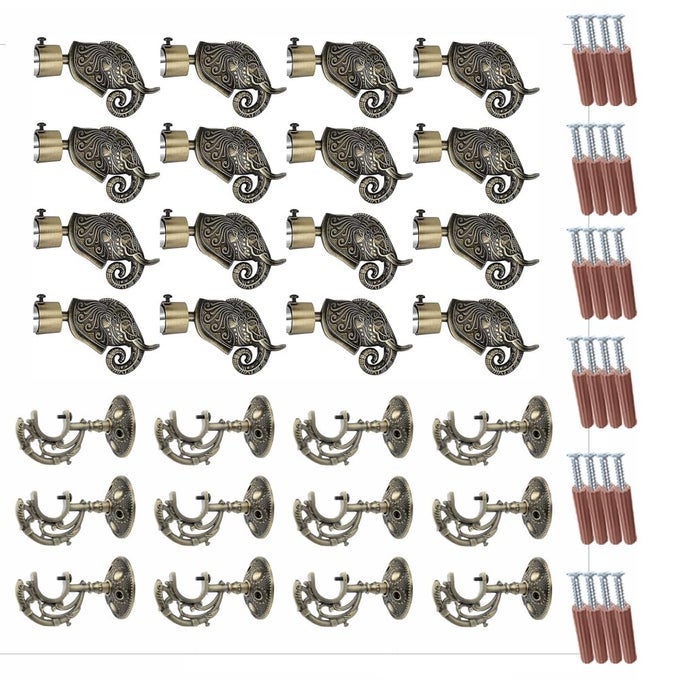 GLOXY ALUMINIUM RAJWADA ELEPHANT SHAPE ANTIQUE CURTAIN BRACKETS WITH SUPPORT 1 INCH ROD POCKET FINIALS DESIGNER WINDOW6 PAIR STYLISH DURABLE WINDOW DECOR SOLUTION FOR ELEGANT HOME INTERIORS