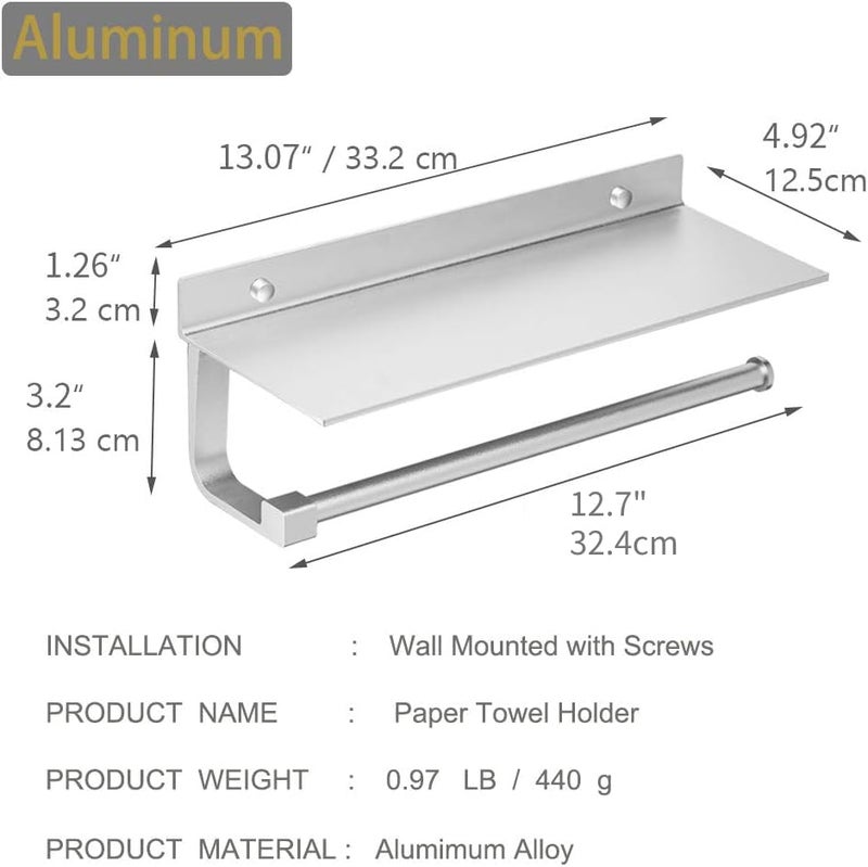 BESy حامل مناشف ورقية من Besy يُثبت على الحائط للمطبخ مقاس 13 بوصة، حامل مناديل الحمام مع رف تخزين للهاتف المحمول ومساحة من الألومنيوم للتركيب على الحائط مع براغي فضي مصقول باهت - Image 4
