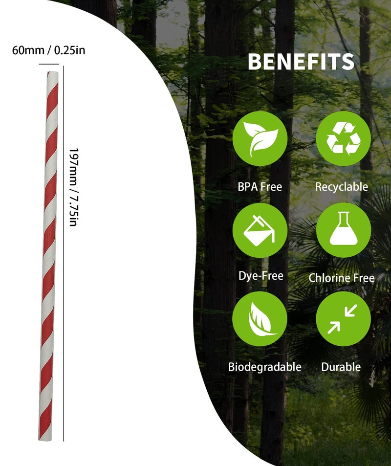 BOFA Eco Tableware Bright Red And White Stripes Barber Paper Drinking Straws Biodegradable Food Grade  Red Striped Paper Straw For Daily Use Drinking  Coca Cola Straws (Pack of 100) - Image 3
