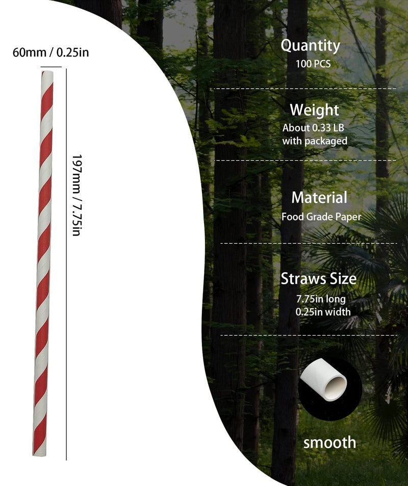 BOFA Eco Tableware Bright Red And White Stripes Barber Paper Drinking Straws Biodegradable Food Grade  Red Striped Paper Straw For Daily Use Drinking  Coca Cola Straws (Pack of 100) - Image 2