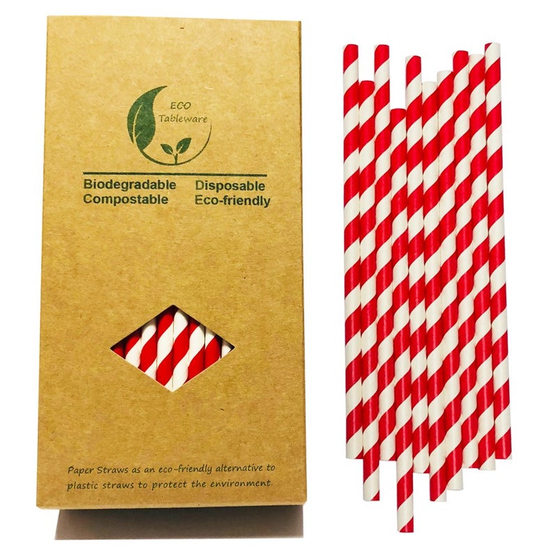 BOFA Eco Tableware Bright Red And White Stripes Barber Paper Drinking Straws Biodegradable Food Grade  Red Striped Paper Straw For Daily Use Drinking  Coca Cola Straws (Pack of 100) - Image 1