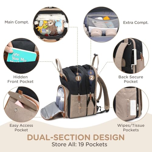 Qualyphant Large Diaper Bag Backpack for Two Kids Twins - Expandable Baby Bag (26-36L), Dual Big Compartments - Includes Changing Pad & Stroller Straps, Unisex Black Khaki - Image 3
