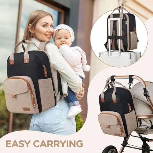 Qualyphant Large Diaper Bag Backpack for Two Kids Twins - Expandable Baby Bag (26-36L), Dual Big Compartments - Includes Changing Pad & Stroller Straps, Unisex Black Khaki - Image 4