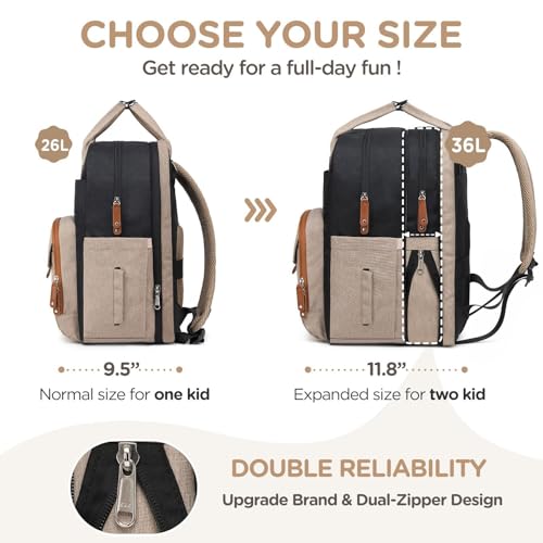 Qualyphant Large Diaper Bag Backpack for Two Kids Twins - Expandable Baby Bag (26-36L), Dual Big Compartments - Includes Changing Pad & Stroller Straps, Unisex Black Khaki - Image 2