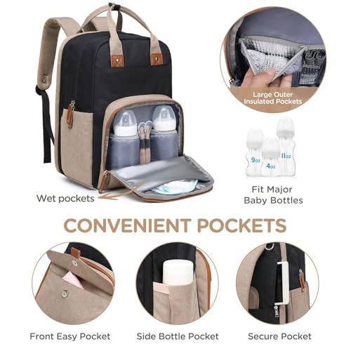 Qualyphant Large Diaper Bag Backpack for Two Kids Twins - Expandable Baby Bag (26-36L), Dual Big Compartments - Includes Changing Pad & Stroller Straps, Unisex Black Khaki - Image 5
