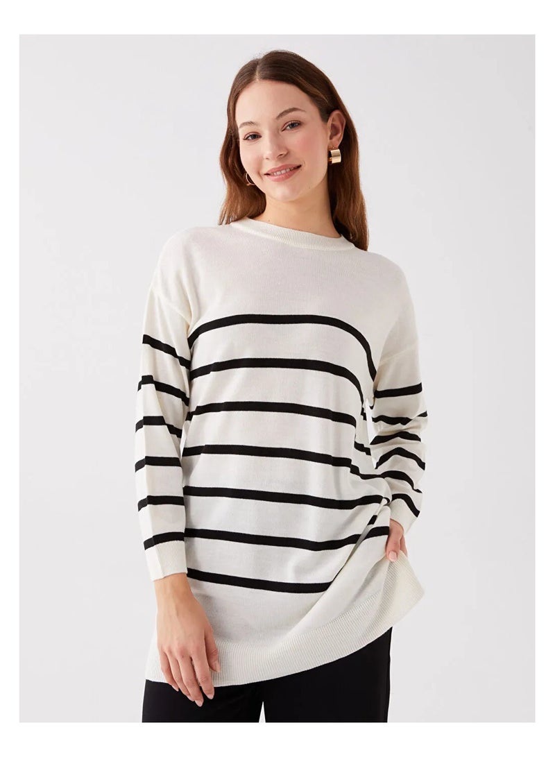 Basic Crew Neck Striped Long Sleeve Women's Knitwear Tunic 