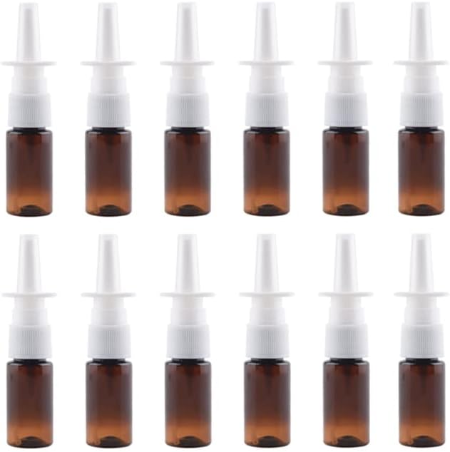 كوبي 12 قطعة زجاجات رذاذ أنفية بلاستيكية كهرمانية قابلة لإعادة التعبئة سعة 20 مل بخاخ رذاذ ناعم حاويات منظف أنف زجاجات للزيوت الأساسية والعطور 0.7 أونصة