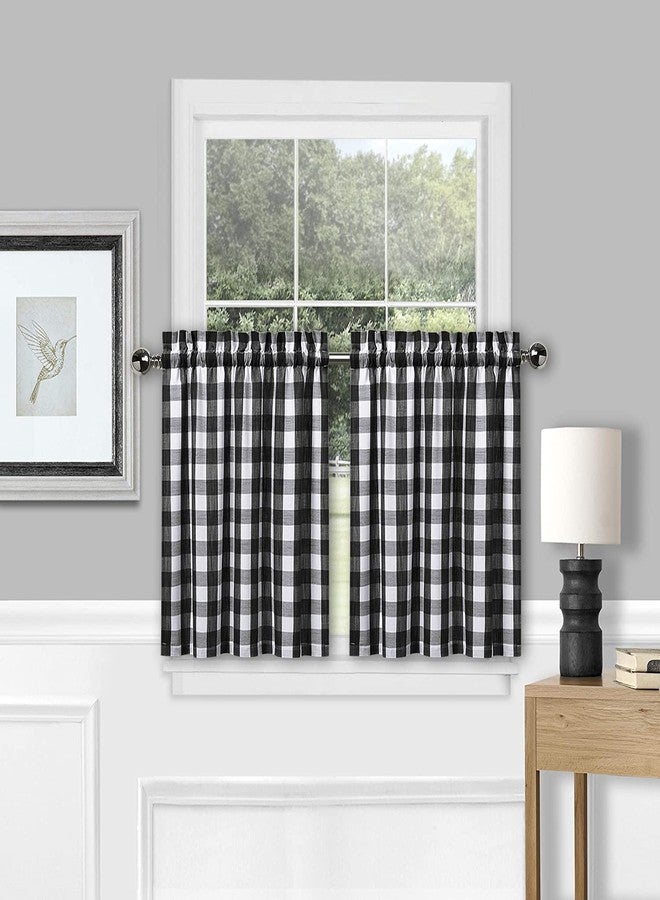 Amzdecor Buffalo Check Tier Curtains for Kitchen, Thick Yarn Dyed Buffalo Plaid Gingham Rod Pocket Farmhouse Cafe Bathroom Drapes, Short Kitchen Window Curtains, 28" W x 24" L, Black/White, Set of 2 - Image 1