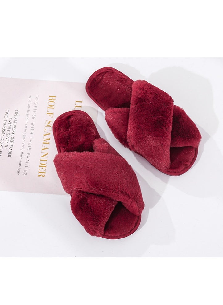 General Red cross plush slippers autumn and winter new indoor warm cotton slippers thickened leaky toe wool slippers  - Image 1