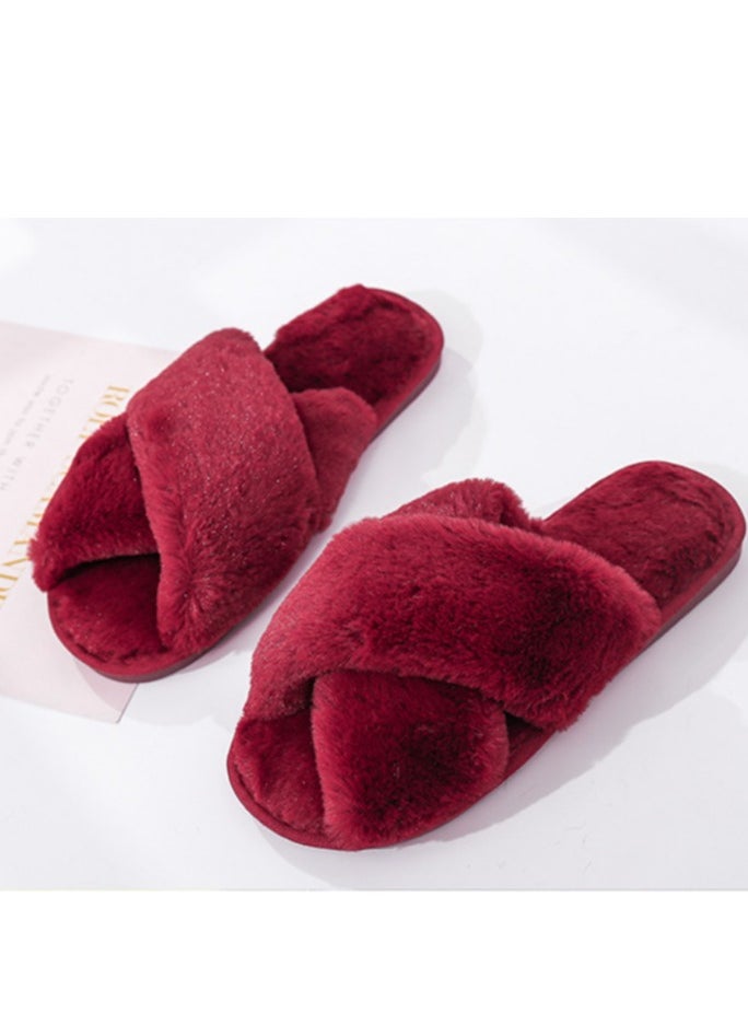 General Red cross plush slippers autumn and winter new indoor warm cotton slippers thickened leaky toe wool slippers  - Image 4
