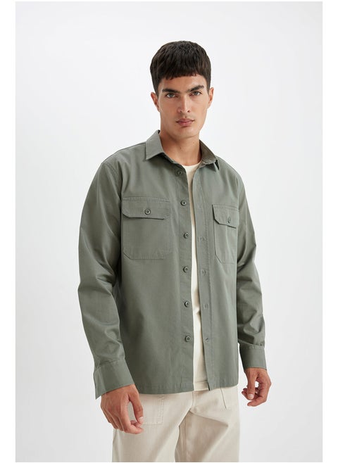 Man Woven Regular Fit Polo Neck Long Sleeve Shirt