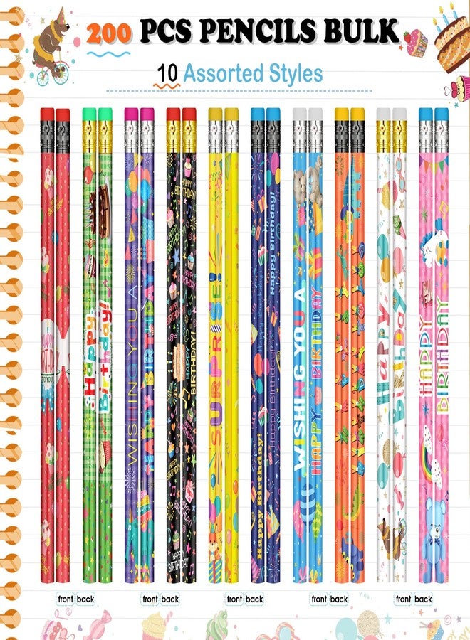 Funrous 200 Pcs Happy Birthday Pencils Bulk Colorful Pencils with Top Erasers for Teachers Reward Birthday Party Supplies Gifts, 10 Assorted Style - Image 2