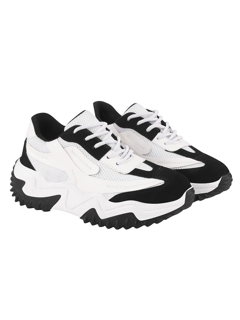 Shoetopia Chunky Platform Sneakers for Women – White & Black Colorblock || Lace-Up Athletic Shoes with Wavy Sole Design Casual and Party EU40 - Image 1
