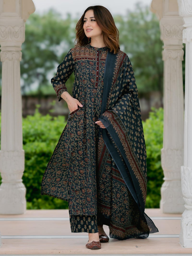 Arayna Women’s Cotton Printed Kurta Set with Palazzo Pants and Dupatta | Ethnic Straight Kurta, Teal Blue, Medium - Image 4