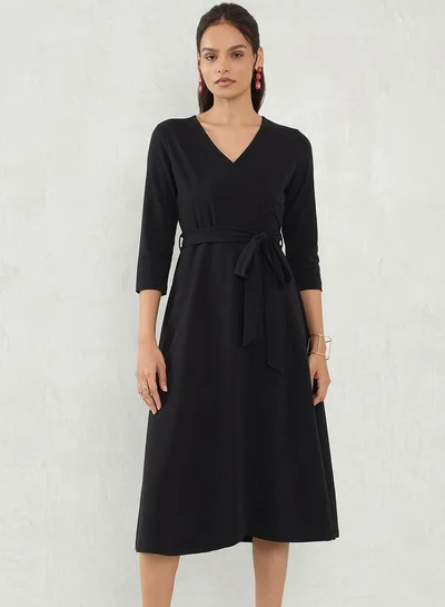 Femmella Black Knit Wrap Midi Dress