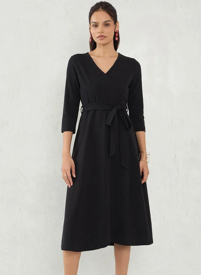 Femmella Black Knit Wrap Midi Dress