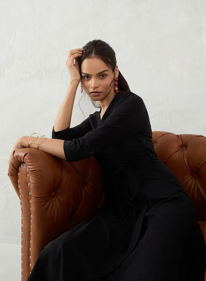 Femmella Black Knit Wrap Midi Dress