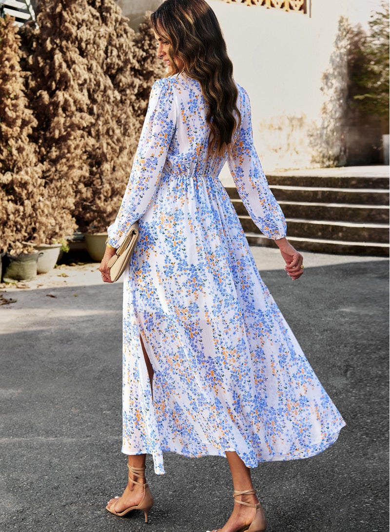 Loquat V-neck Long Sleeve Elegant Chiffon Casual Dress Woman White  - Image 2